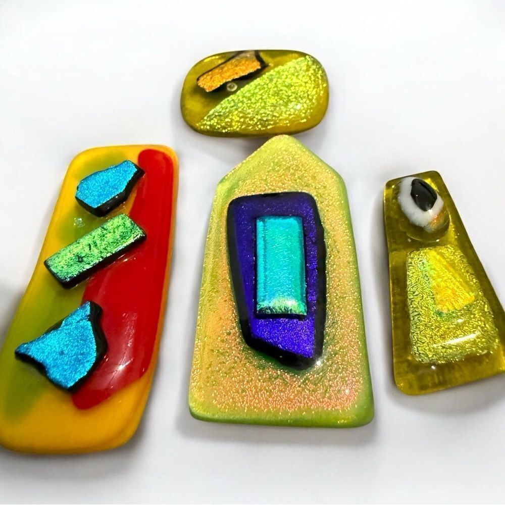 Set of 4 Dichroic Glass Art Pieces – Bright Abstract with Rainbow Accents